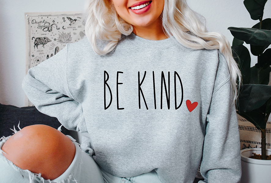 grey sweatshirt with be kind logo