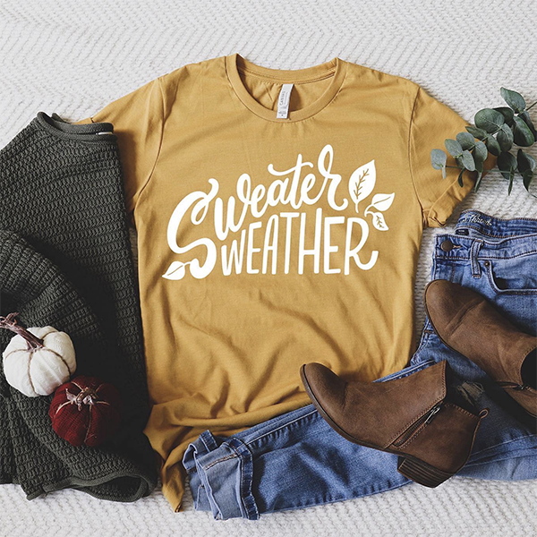 yellow shirt with sweather weather logo