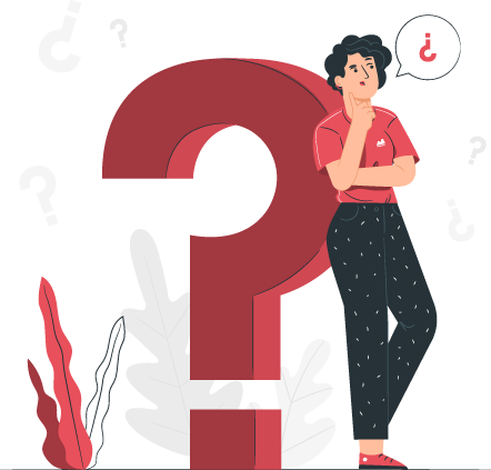 woman leaning up against a question mark